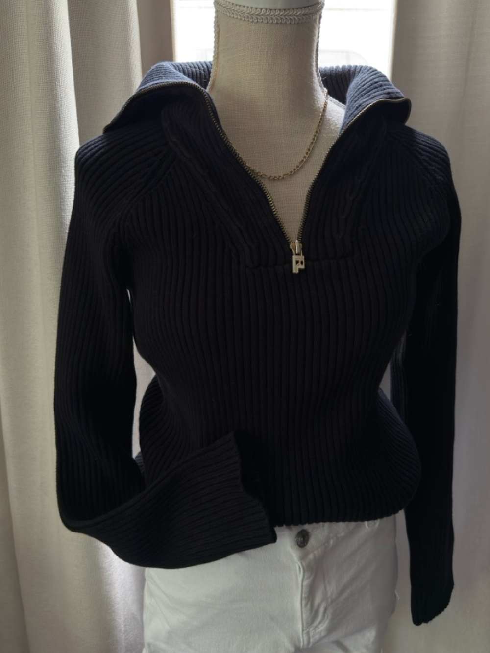 Ralph Lauren Navy Cotton Ribbed Half-Zip Sweater